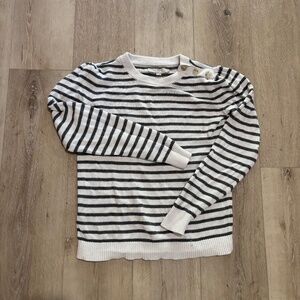 Loft sweater gray striped small puff sleeve buttons